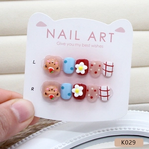 Cute cartoon bear and floral pattern press-on nails set with colorful dots and plaid designs