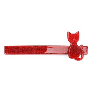 Detail view of red glitter acrylic hair clip featuring a cute cat silhouette decoration