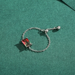 Adjustable S925 silver chain ring featuring rectangular red-green gradient tourmaline