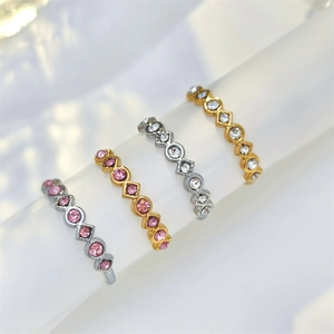 Stainless Steel Open Ring Geometric Wave Colorful Rhinestone Inlaid Adjustable Finger Jewelry For Women Niche Design