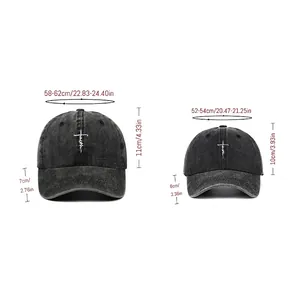 Size chart for vintage washed cotton baseball caps with FAITH embroidery for adults and kids