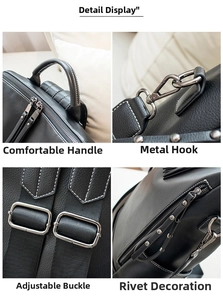 Detailed views of black leather backpack featuring litchi grain and gunmetal hardware