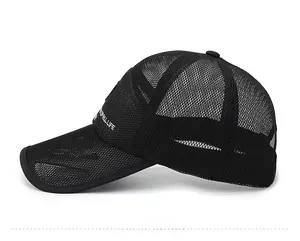 Detail of black mesh baseball cap with Still Life text and breathable mesh texture