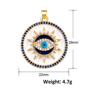 Gold Evil Eye charm with blue zircon and white enamel, 29mm pendant for DIY jewelry making