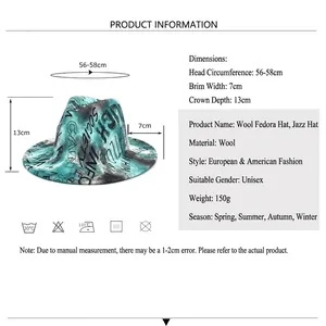 Jazz fedora hat with double-sided tie-dye ink pattern and wide brim, sizing chart display