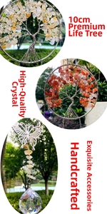 Detail of 10cm handmade wire wrapped tree of life pendant with crystals and butterfly charm