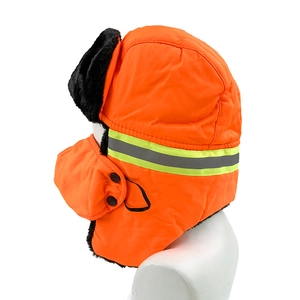 Winter thermal trapper hat in orange with reflective stripes and thick faux fur lining