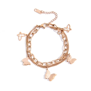 Double-layered rose gold butterfly chain bracelet in durable titanium steel