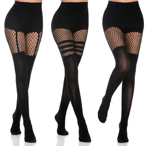 Women Sexy Fishnet Patchwork Tights Hollow Out Striped Nylon Elastic Pantyhose Gothic Punk Style Black Hosiery