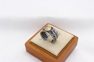 Detail of vintage steel ring with intricate feather texture and golden eagle emblem