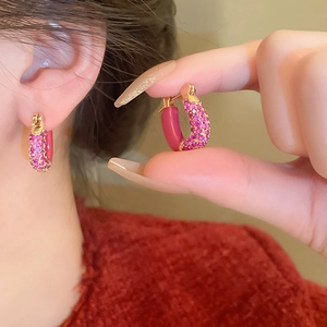 Vintage U-shape gold hoop earrings with rose red zircon and smooth enamel inlay