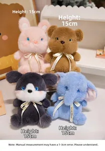 Set of four 15cm plush animals including pink rabbit, brown bear, husky, and blue elephant