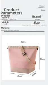Pink lunch bag details showing aluminum foil lining and oxford cloth dimensions