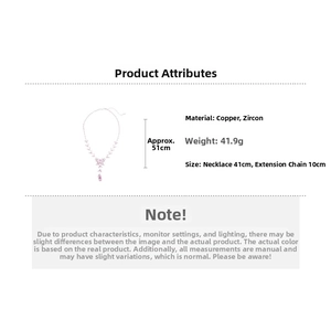 Detailed specs of zircon butterfly fringe necklace with pink teardrop pendant in copper