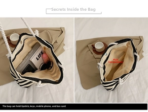 Detail view showing the spacious interior of a striped woven tote bag with cotton rope handles