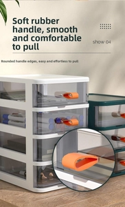 Detail of the orange soft rubber handle on the white desktop storage box with drawers