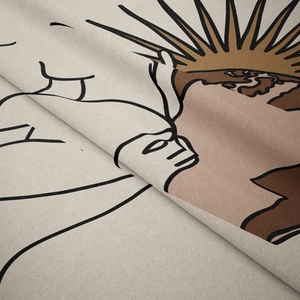 Close-up of soft beige wall tapestry showing modern sun and earth illustration texture