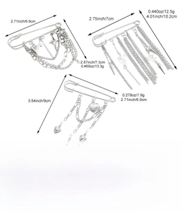 Detailed size chart for punk style paperclip brooch showing weights and dimensions