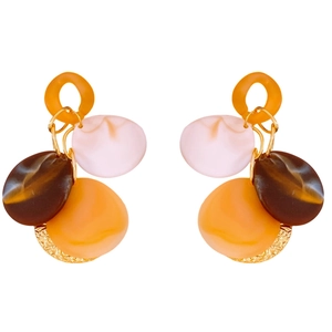 Retro geometric resin tassel earrings with orange rings and gold textured metal charms