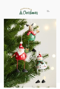 Three creative iron Christmas ornaments including Santa, elk and snowman hanging on a tree