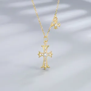 925 Sterling Silver Cross Pendant Necklace For Women Platinum Gold Plated Rhinestone Gothic Vintage Double Cross Jewelry