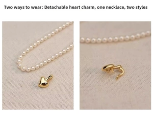 Detail of freshwater pearl necklace with detachable gold heart pendant for dual-wear styles