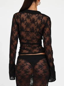 Detailed back view of a black floral lace Y2K cardigan with long sleeves and solid cuffs