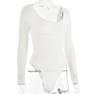 Detail shot of white long-sleeve ribbed knit bodysuit backless style on transparent model