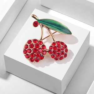 Fashion Cherry Brooch Pin Alloy Red Rhinestone Green Enamel Fruit Shape Jewelry For Women