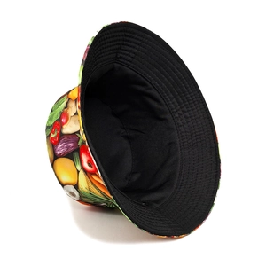 Double-sided sun hat featuring colorful vegetable fruit print and black inner lining