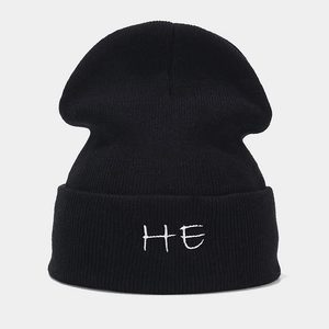 Black knit beanie with white HE letter embroidery and double-layer folded edge