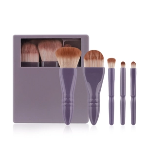 5Pcs purple travel makeup brush set with mirror case, including powder and eyeshadow brushes