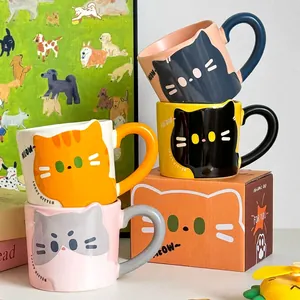 Cute Cat Ceramic Mug With Handle Kitten Ears Design Vintage Coffee Milk Water Cup For Home Office