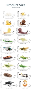 Size chart showing 18 insect models with precise dimensions in centimeters