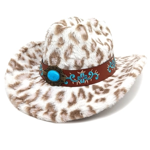 Western leopard faux fur cowboy hat with turquoise leather band and floral embroidery
