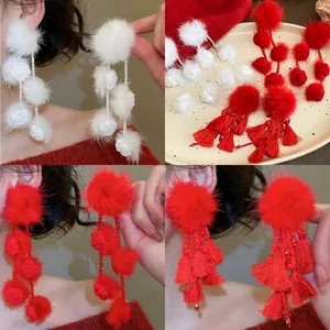 Hairball Rose Flower Tassel Drop Earrings With Silver Earring Post Winter Elegant Festive Jewelry For Women