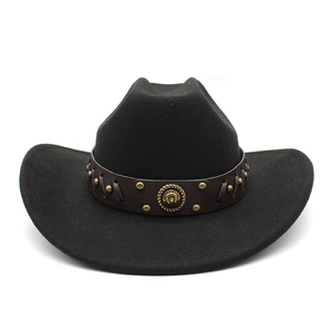 Classic black wool felt cowboy hat with vintage studded leather band and horseshoe emblem