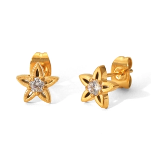 Detailed macro view of gold-plated star earrings with central zircon and butterfly backs