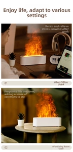 Dual view of 3D flame humidifier in modern office and living room settings
