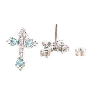 Minimalist silver cross cartilage piercing studs with blue and clear zircon stones