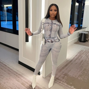 Haut Ajusté À Manches Longues Et Pantalon Pour Femme Imprimé Denim Élastique Streetwear Mode Bleu Blanc