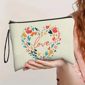 Chic beige canvas heart makeup bag with floral love print and black hand strap