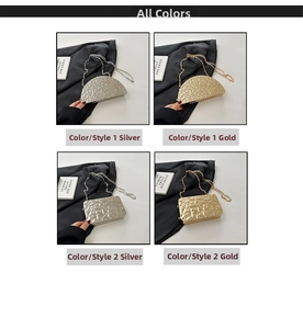 Detailed views of gold and silver metallic clutch bags with hammered metal texture