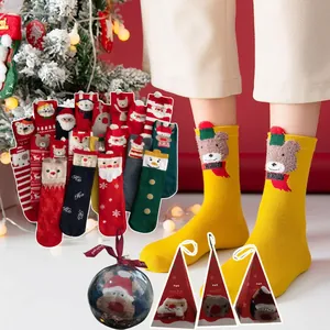 Christmas Socks Cotton Knitted With Plush Cartoon Santa Reindeer Pattern Warm Soft Mid Calf Festive Holiday Gift For Women