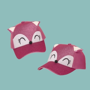 Kids cute fox baseball cap with sequins, 3D ears, and wide brim in vibrant magenta pink