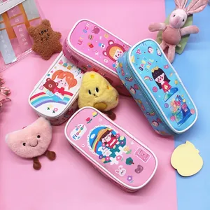Cute cartoon girl waterproof leather pencil case set with zipper for students
