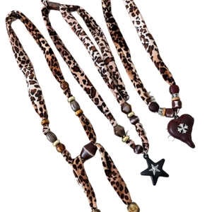 Leopard print fabric necklace set with heart and star pendants for women sweater jewelry