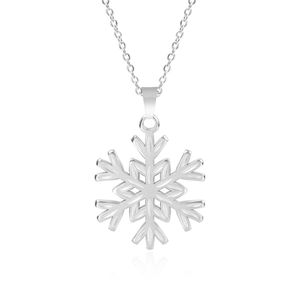 Detailed close-up of a silver snowflake pendant necklace with a polished 18k finish