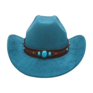 Detail of turquoise western cowboy hat with brown leather band and metallic studs