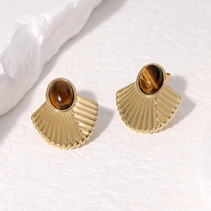 18K gold plated stainless steel fan earrings with natural tiger eye stone inlay
